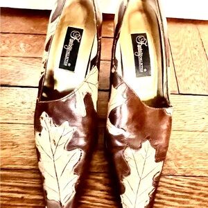 Franco Sarto Brown and Cream Leaf Heels